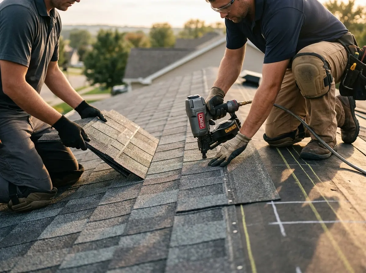 Professional roofer working on a residential roof in Auburn Hills